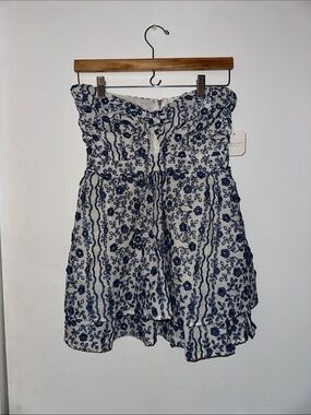 Altar'd State White Strapless Dress with Navy Blue Embroidery